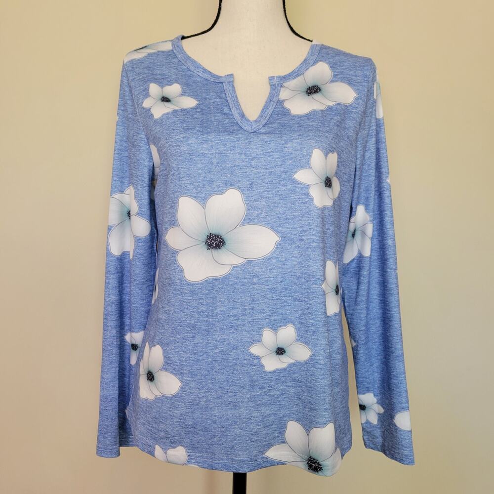 EUC Ranlege S Pullover Long Sleeve V-neck Blue Foral Top